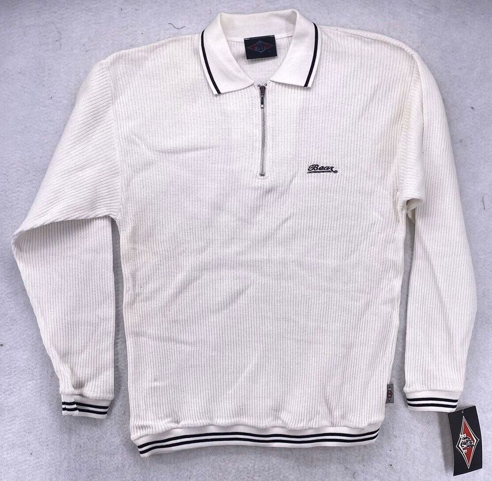 90s Bear Surfboards Quarter Zip Sweater Mens L White Ribbed Knit Big Wednesday